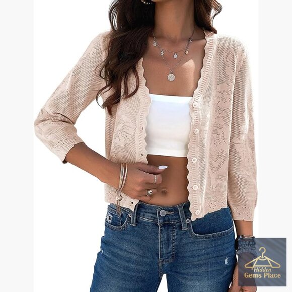 Sweaters - Cropped Cardigan Sweater Lightweight 3/4 Sleeve Button Down Crochet Textured